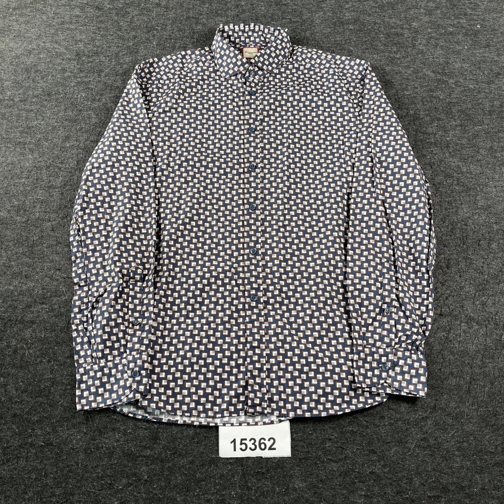 Camicissima Dress Shirt Mens 16 Dark Blue Geometric Cotton Long Sleeve Button Up